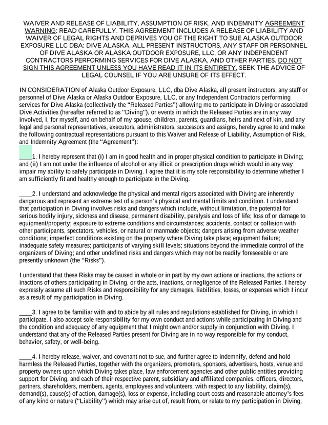 Waiver And Release Of Liability, Assumption Of Risk, And Indemnity Agreement screenshot