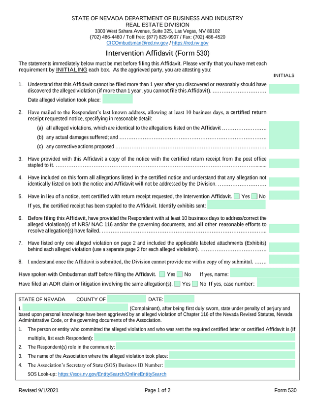 Intervention Affidavit (Form 530) screenshot