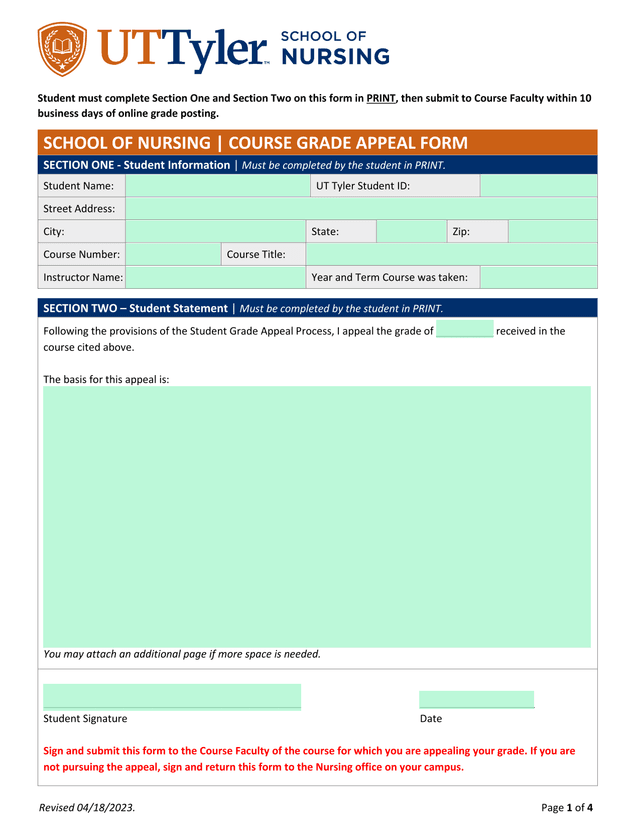 SCHOOL OF NURSING  COURSE GRADE APPEAL FORM screenshot