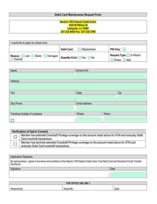 Debit Card Maintenance Request Form screenshot
