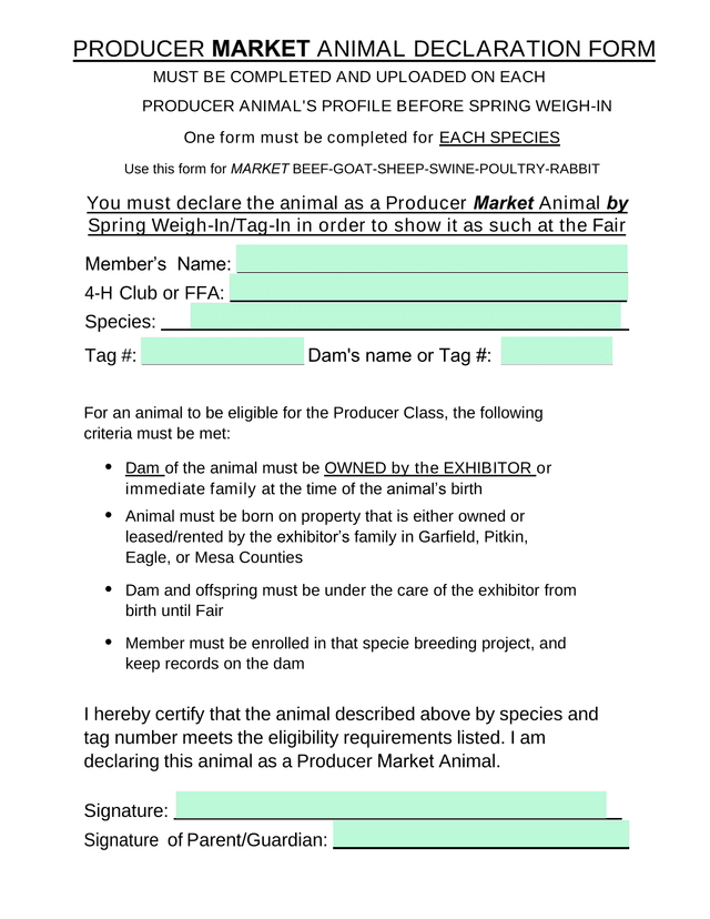 PRODUCER MARKET ANIMAL DECLARATION FORM screenshot