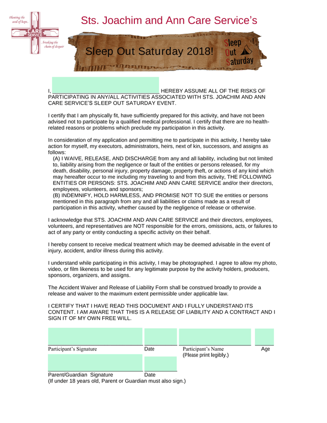 Sleep Out Saturday 2018 Waiver screenshot