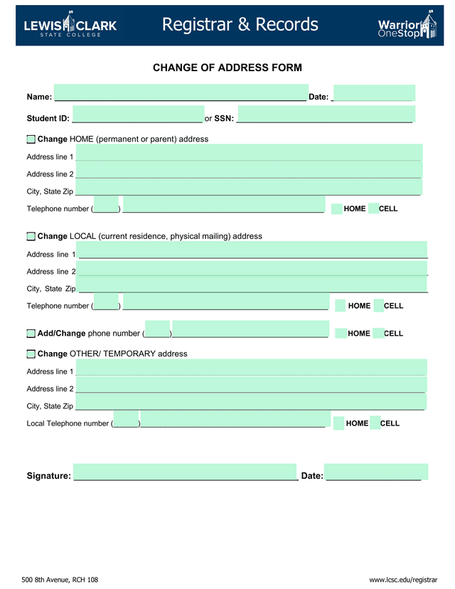 Change Of Address Form screenshot