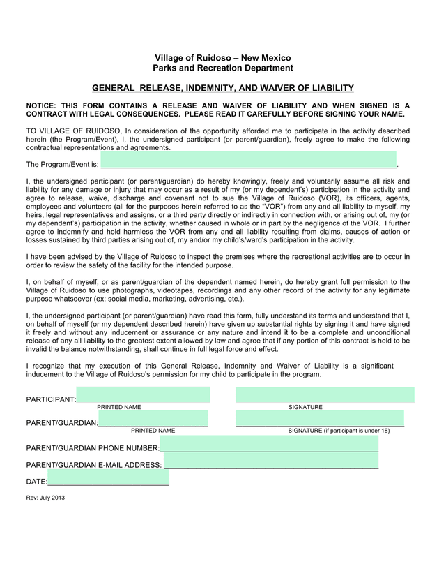 General Release, Indemnity, And Waiver Of Liability screenshot