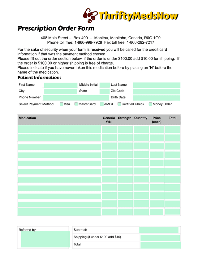 Prescription Order Form screenshot