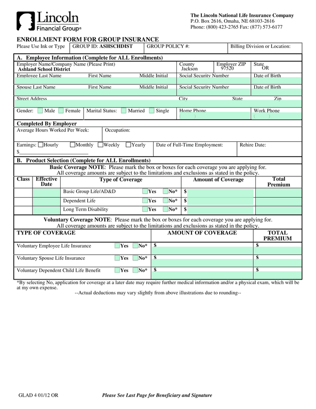ENROLLMENT FORM FOR GROUP INSURANCE screenshot