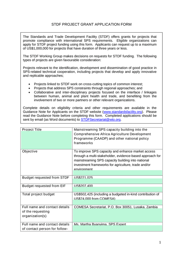 STDF Project Grant Application Form screenshot