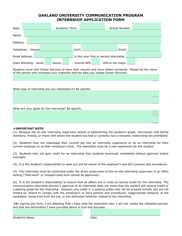 Oakland University Communication Program Internship Application Form screenshot