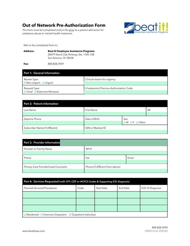 Out Of Network Pre Authorization Form screenshot