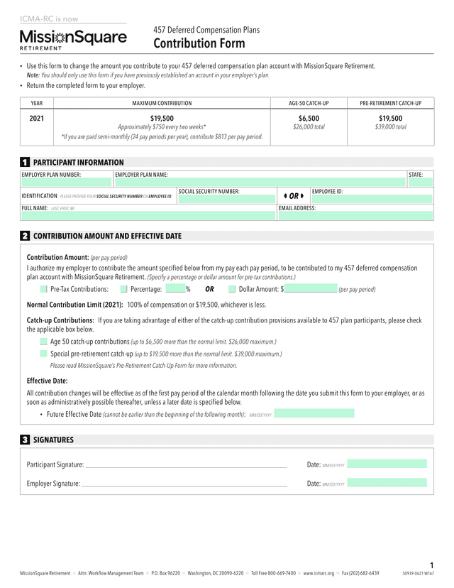 457 Deferred Compensation Plans Contribution Form screenshot