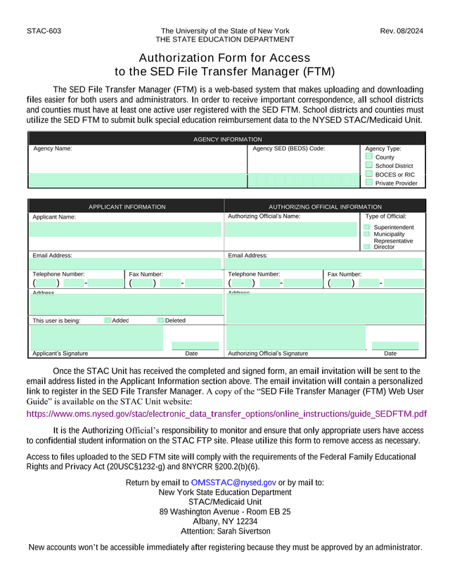 Authorization Form For Access To The SED File Transfer Manager (FTM) screenshot