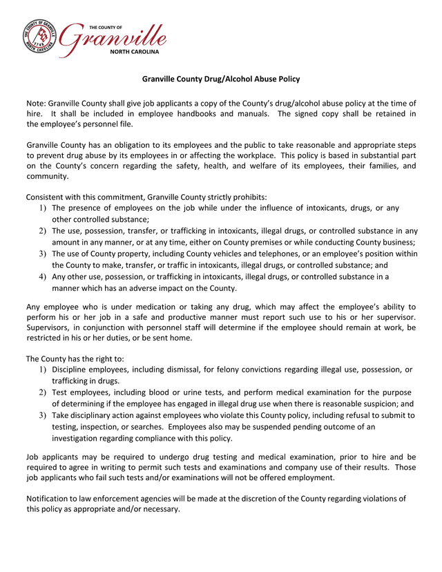 Granville County DrugAlcohol Abuse Policy screenshot