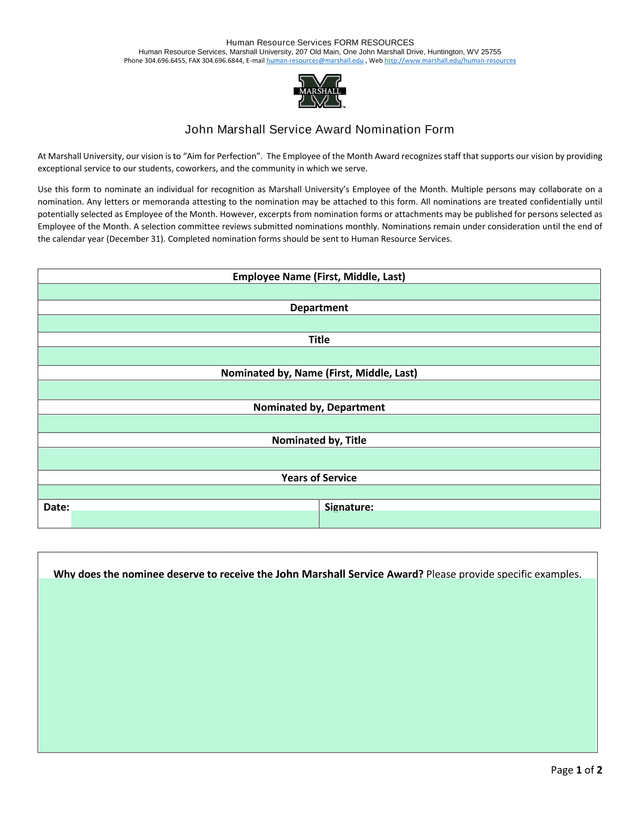 John Marshall Service Award Nomination Form screenshot