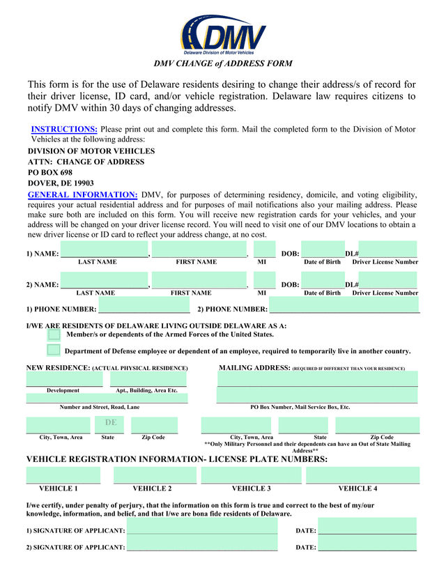 DMV Change Of Address Form screenshot