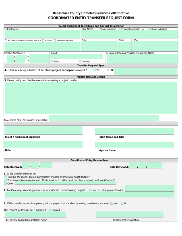 Coordinated Entry Transfer Request Form screenshot