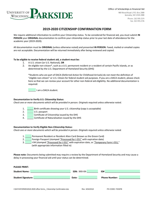 2019 2020 Citizenship Confirmation Form screenshot