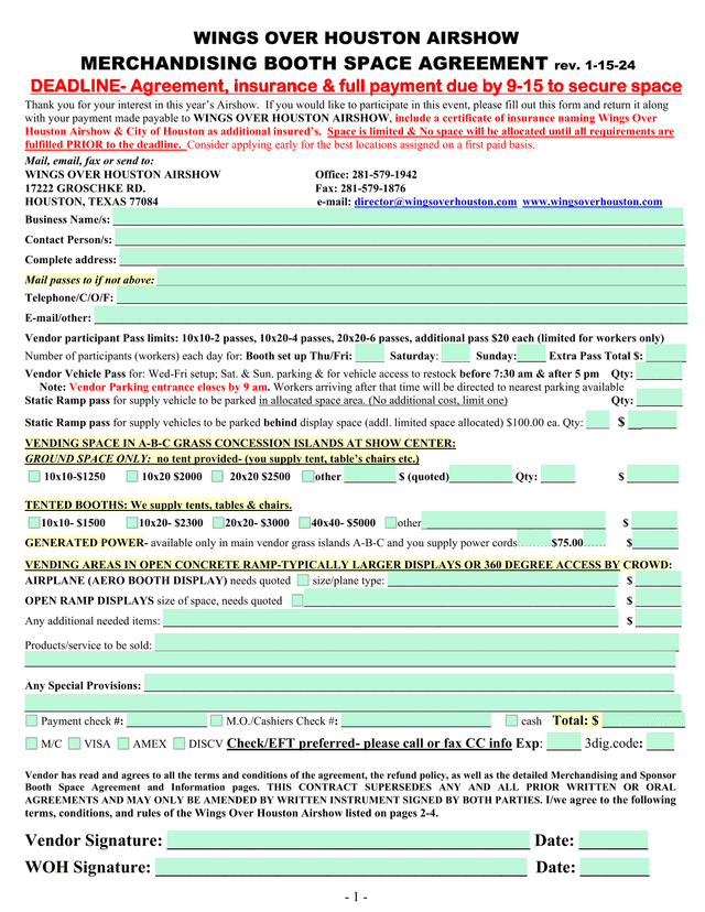 Wings Over Houston Airshow Merchandising Booth Space Agreement screenshot