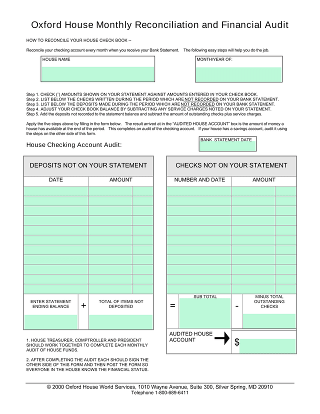 Oxford House Monthly Reconciliation And Financial Audit screenshot