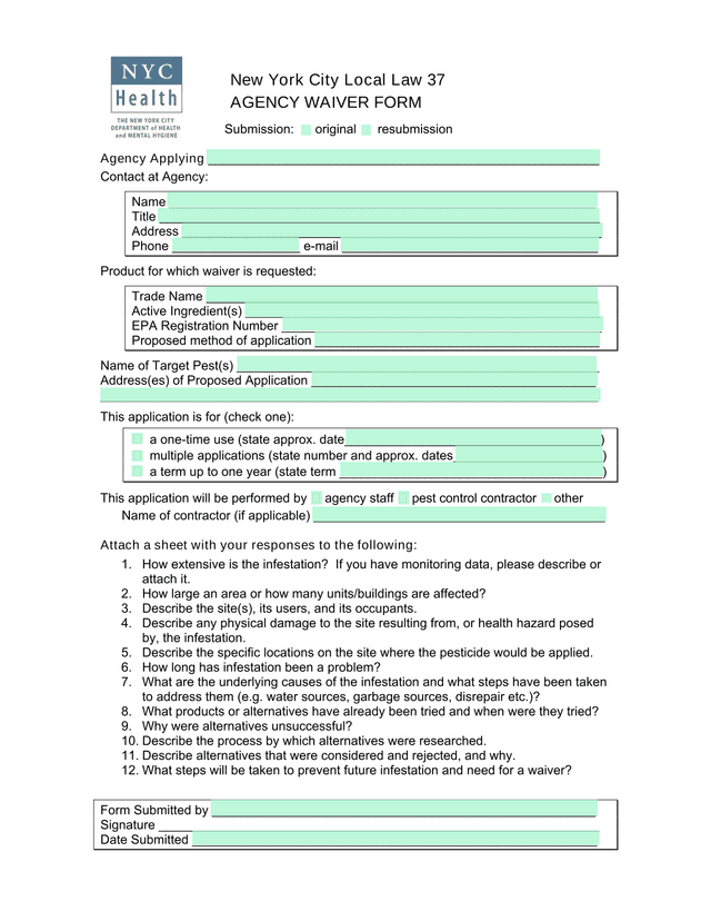 New York City Local Law 37 Agency Waiver Form screenshot