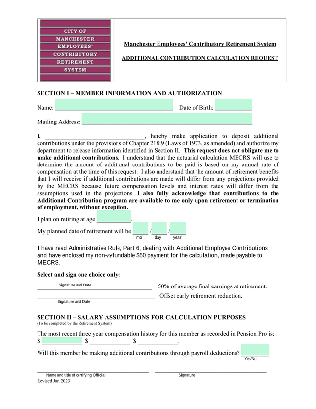 Manchester Employees Contributory Retirement System Additional Contribution Calculation Request screenshot