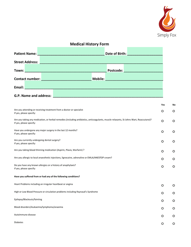 Medical History Form screenshot