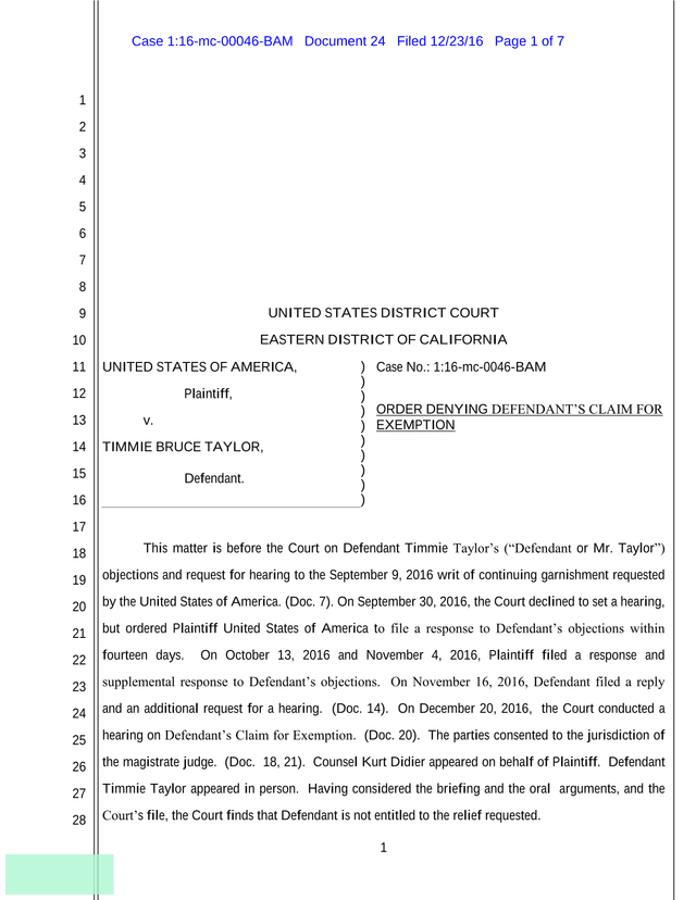 Order Denying DefendantS Claim For Exemption screenshot