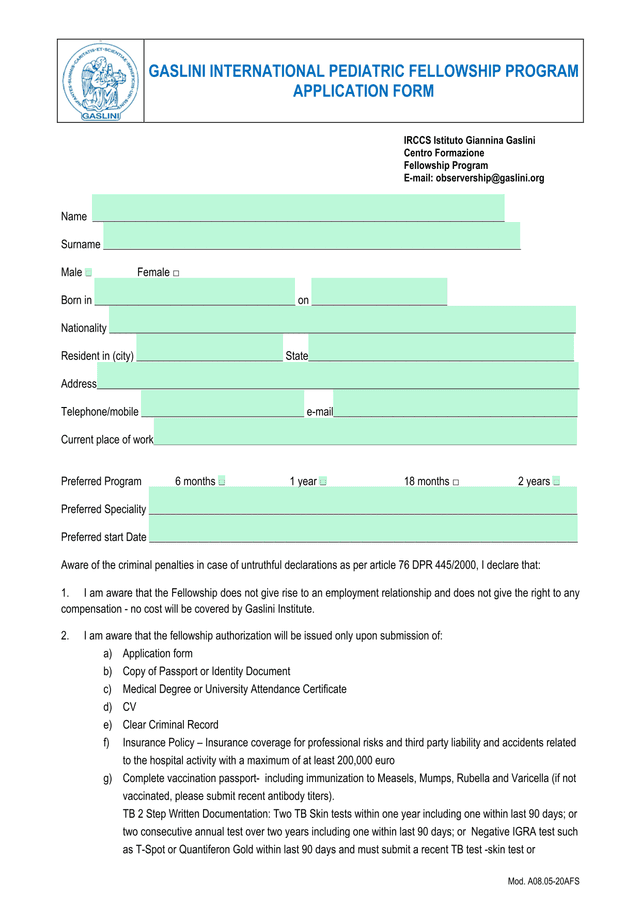 GASLINI INTERNATIONAL PEDIATRIC FELLOWSHIP PROGRAM APPLICATION FORM screenshot