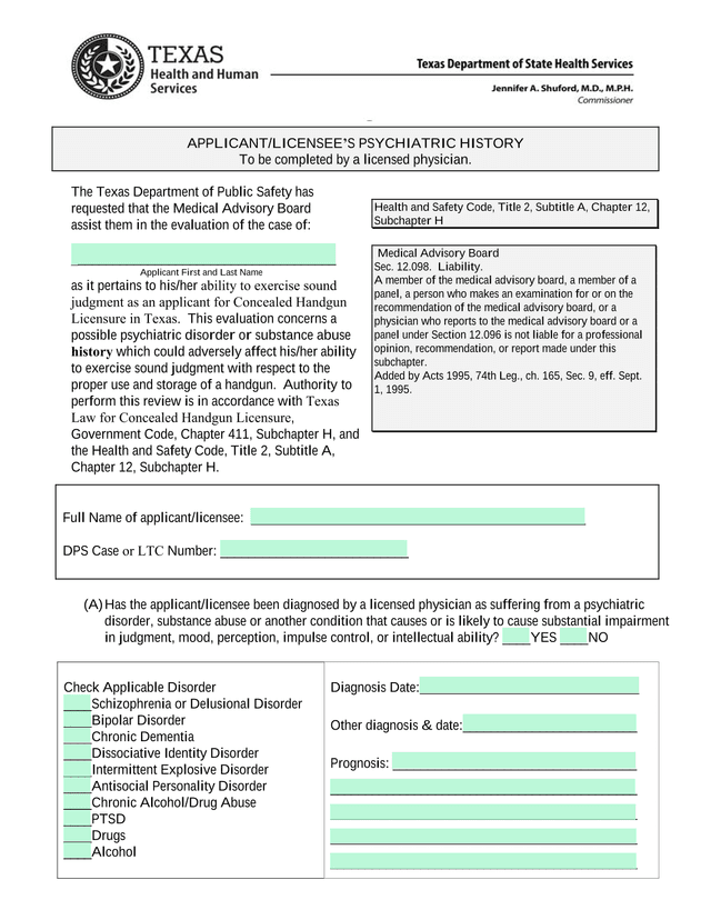 ApplicantLicenseeS Psychiatric History screenshot