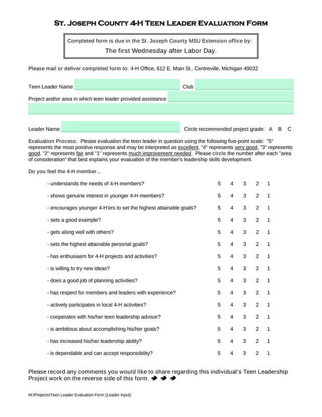 St. Joseph County 4 H Teen Leader Evaluation Form screenshot
