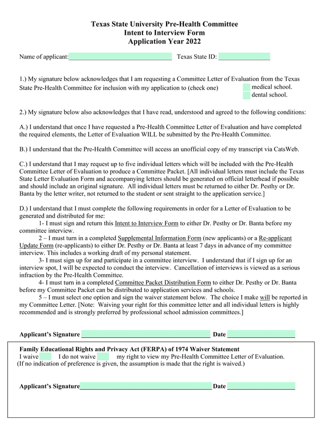 Texas State University Pre Health Committee Intent To Interview Form screenshot