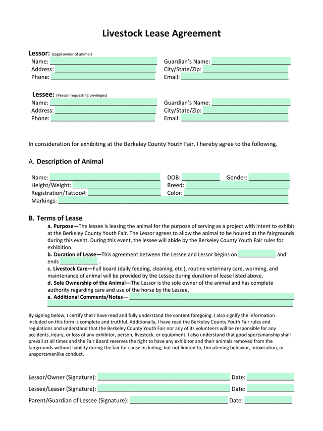 Livestock Lease Agreement screenshot