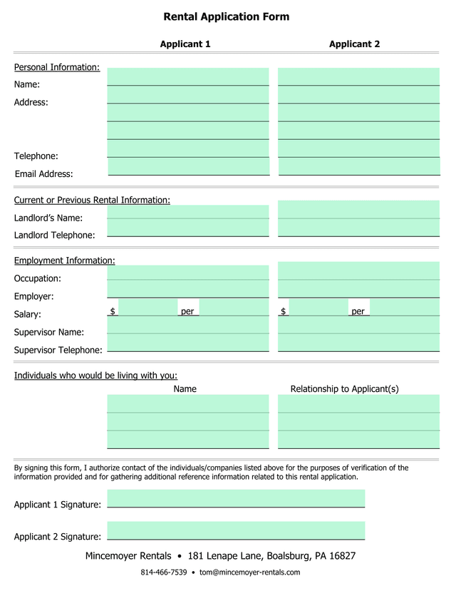 Rental Application Form screenshot