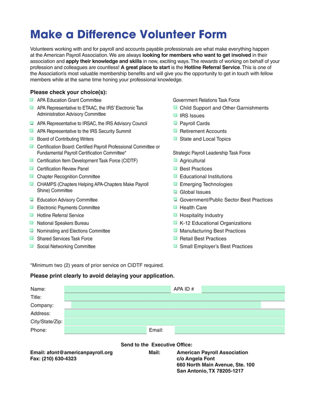 Make A Difference Volunteer Form screenshot