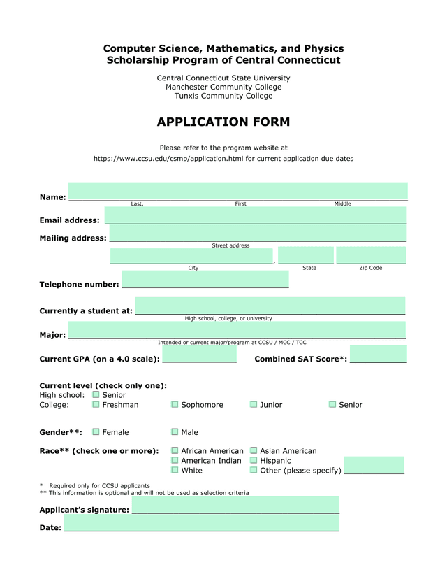 Computer Science, Mathematics, And Physics Scholarship Program Application Form screenshot