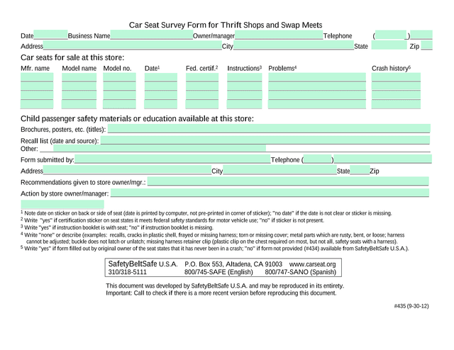 Car Seat Survey Form For Thrift Shops And Swap Meets screenshot