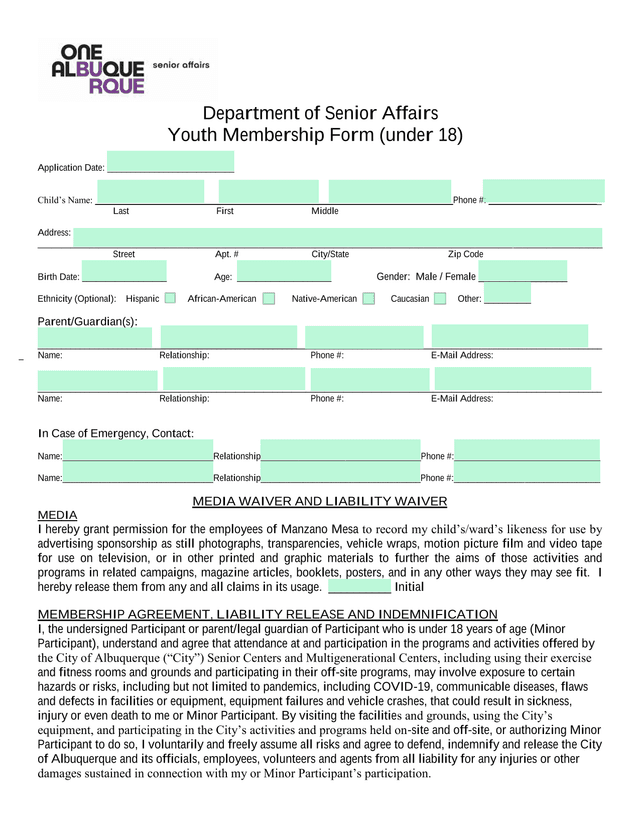 Youth Membership Form (Under 18) screenshot