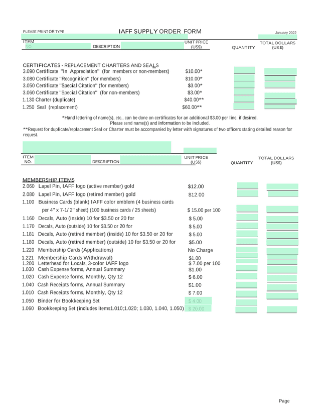 IAFF Supply Order Form screenshot
