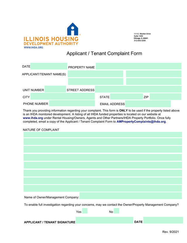 Applicant  Tenant Complaint Form screenshot