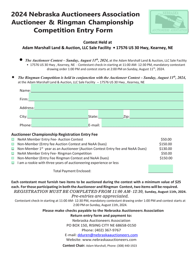 2024 Nebraska Auctioneers Association Auctioneer  Ringman Championship Competition Entry Form screenshot
