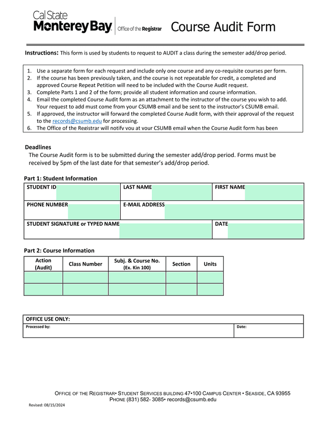 Course Audit Form screenshot
