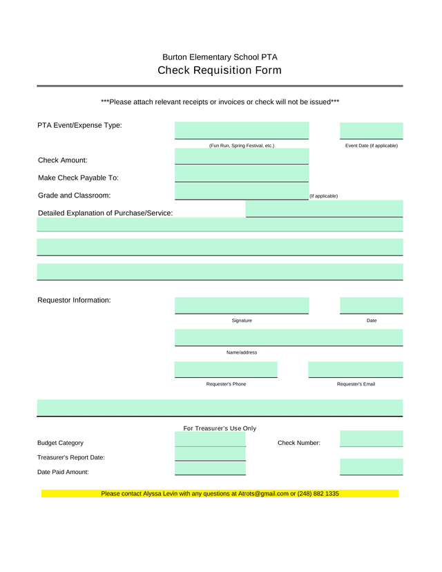 Burton Elementary School PTA Check Requisition Form screenshot