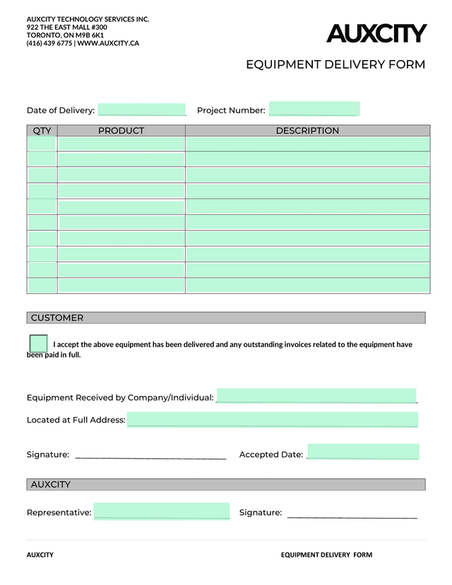 AUXCITY EQUIPMENT DELIVERY FORM screenshot