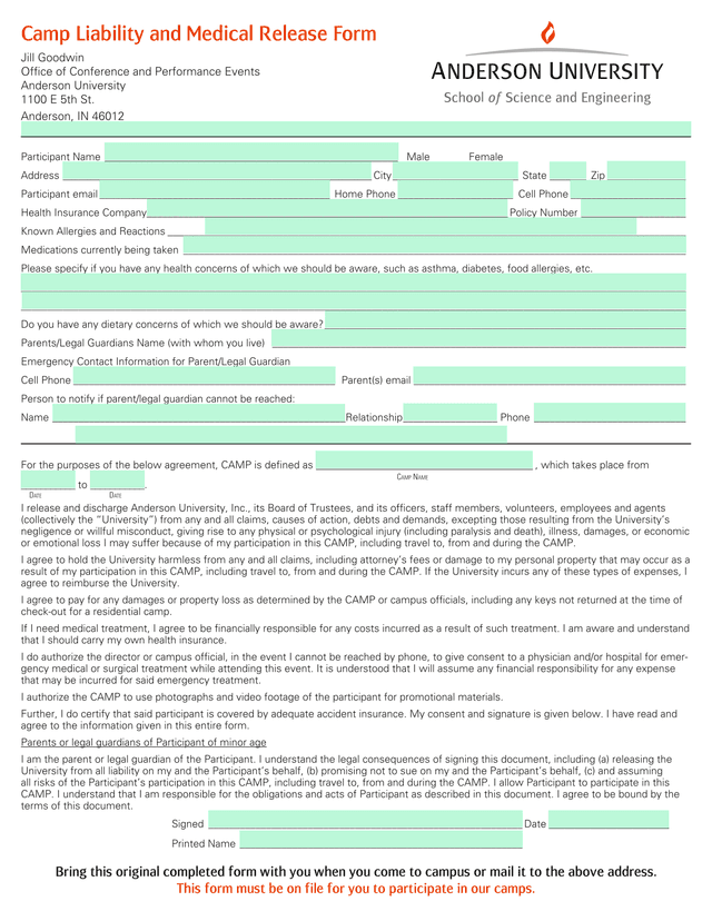 Camp Liability And Medical Release Form screenshot