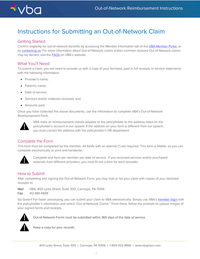 Out Of Network Reimbursement Instructions screenshot