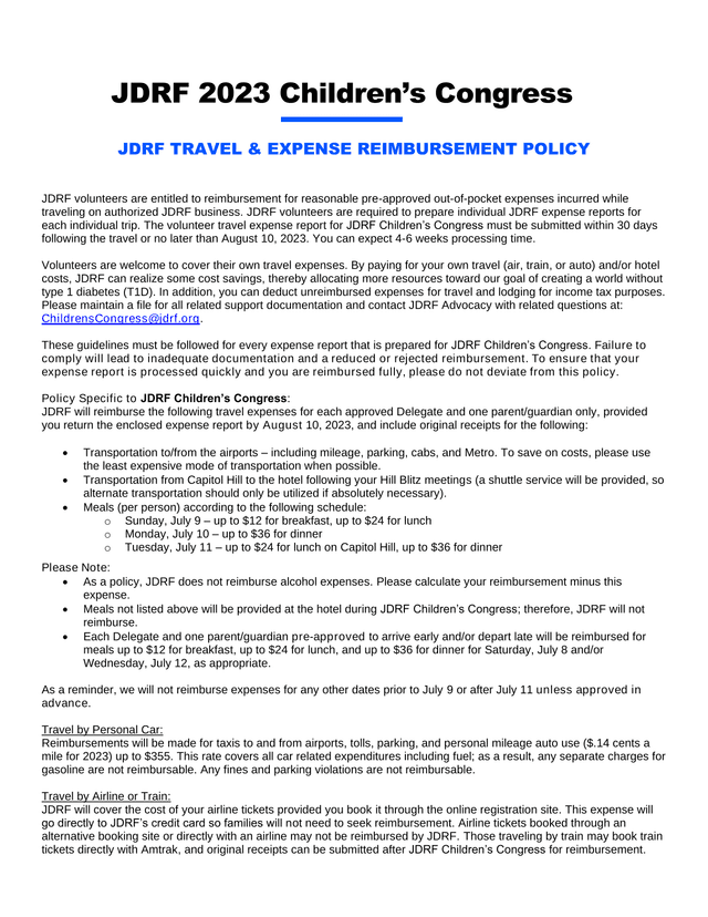 JDRF 2023 ChildrenS Congress Travel  Expense Reimbursement Policy screenshot