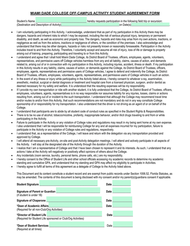 Miami Dade College Off Campus Activity Student Agreement Form screenshot