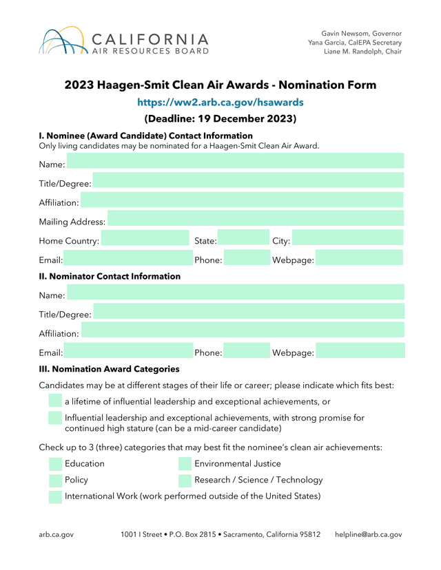 2023 Haagen Smit Clean Air Awards   Nomination Form screenshot