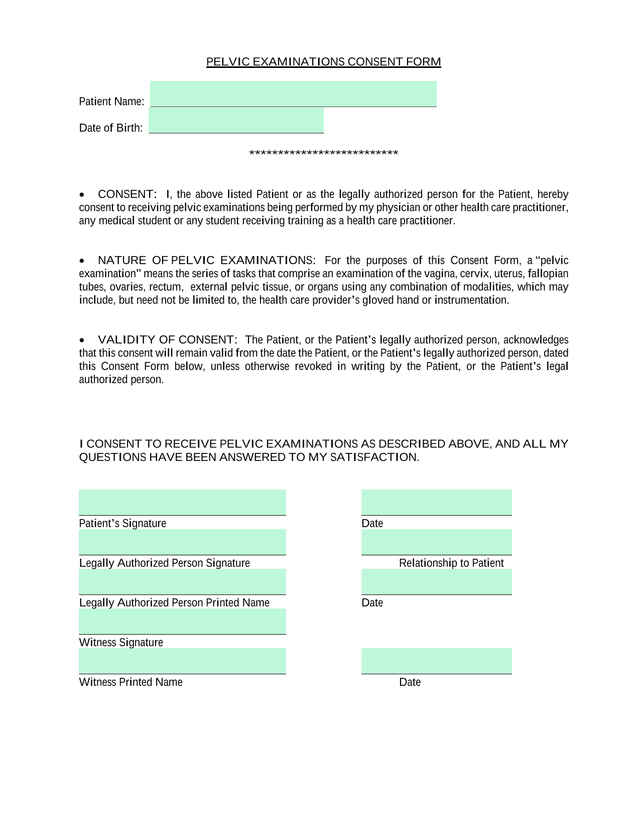 PELVIC EXAMINATIONS CONSENT FORM screenshot