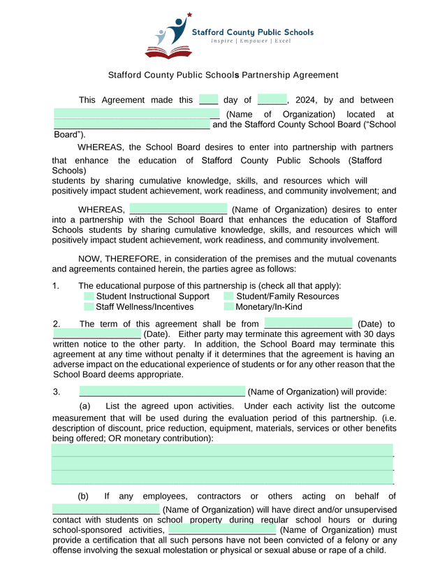 Stafford County Public Schools Partnership Agreement screenshot