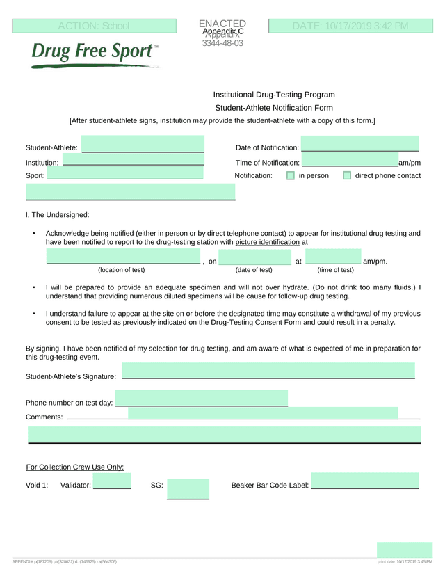 Institutional Drug Testing Program Student Athlete Notification Form screenshot